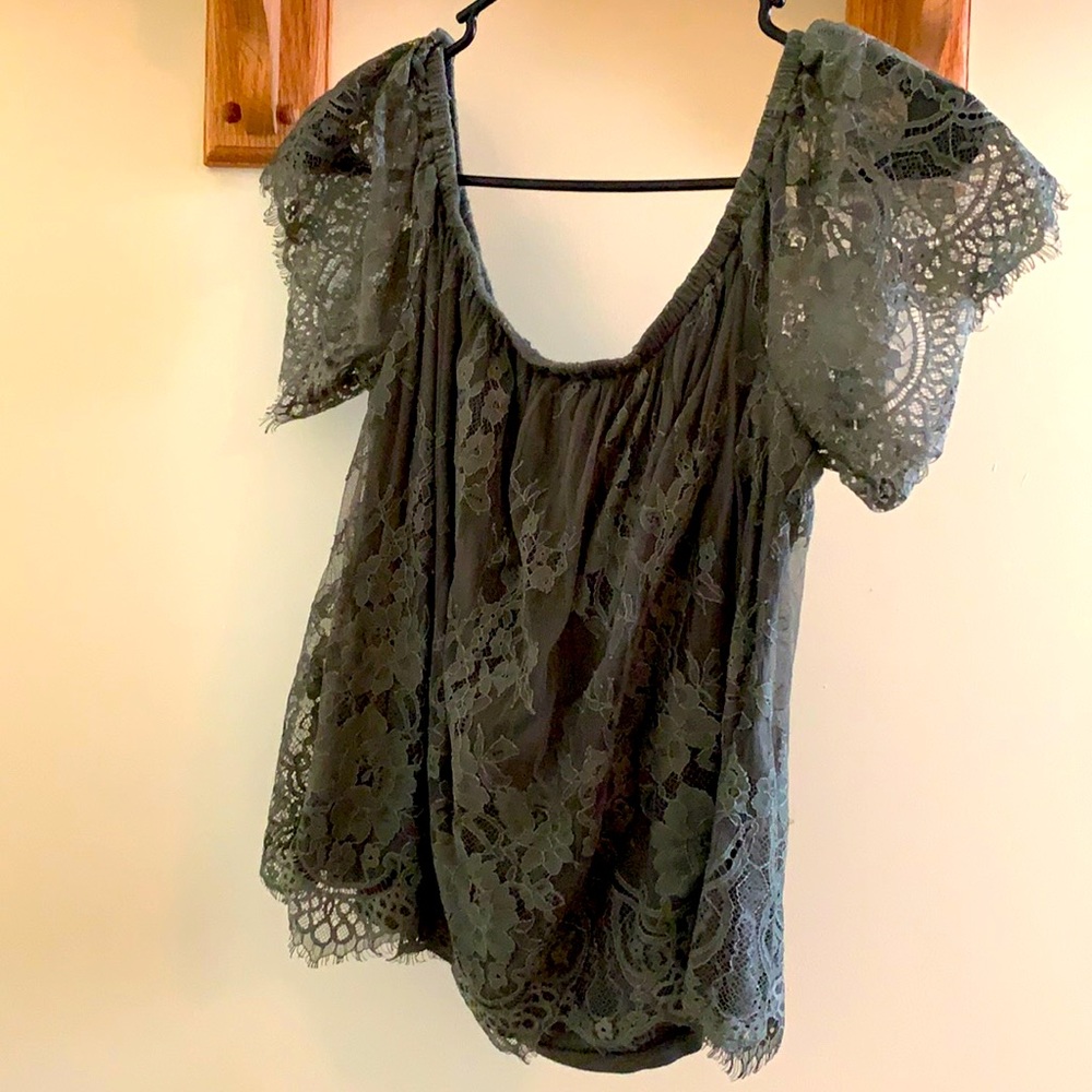 Olive green off the shoulder lacy crop top